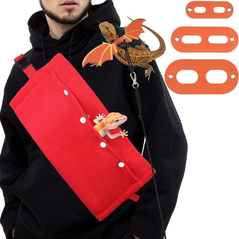 Dexspoeny Bearded Dragon Carriers and Leather Leash with Wings,Bearded Dragon Leash Lizard Adjustable Harness,Small Pet Backpack Batwing Accessories for Outdoor Travel-Red - Image 1